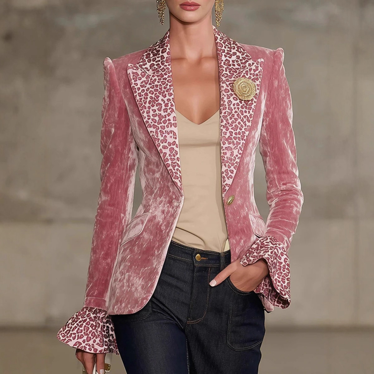 Velvet Blazer Women - Damska aksamitna marynarka w panterkę z