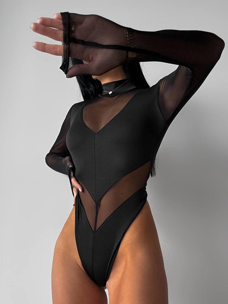 Turtleneck Bodysuit - Siatkowe patchworkowe body dla kobiet moda