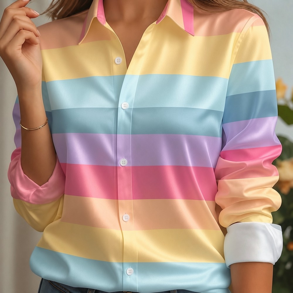 Women Fashion Styles - Damska satynowa koszula z klapami, pastelowy