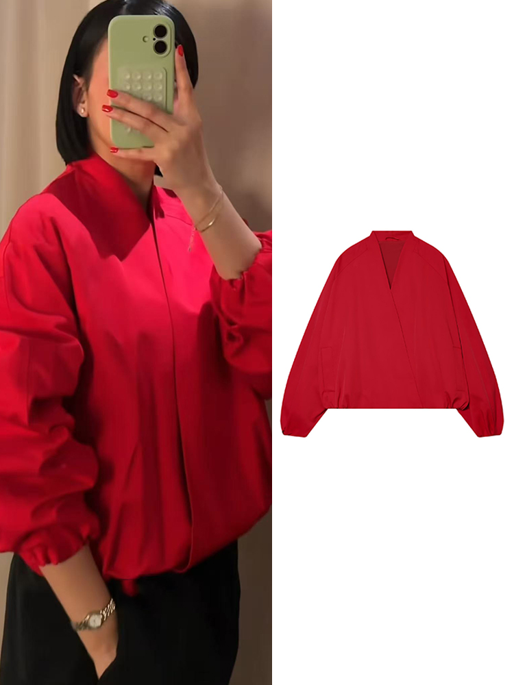 Women'S Fashion Bomber Jacket - TFMLN Modna Czerwona Krótka Kurtka Bomberka