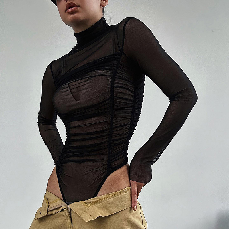 Turtleneck Bodysuit - Jesień 2023, siateczkowe body z długim