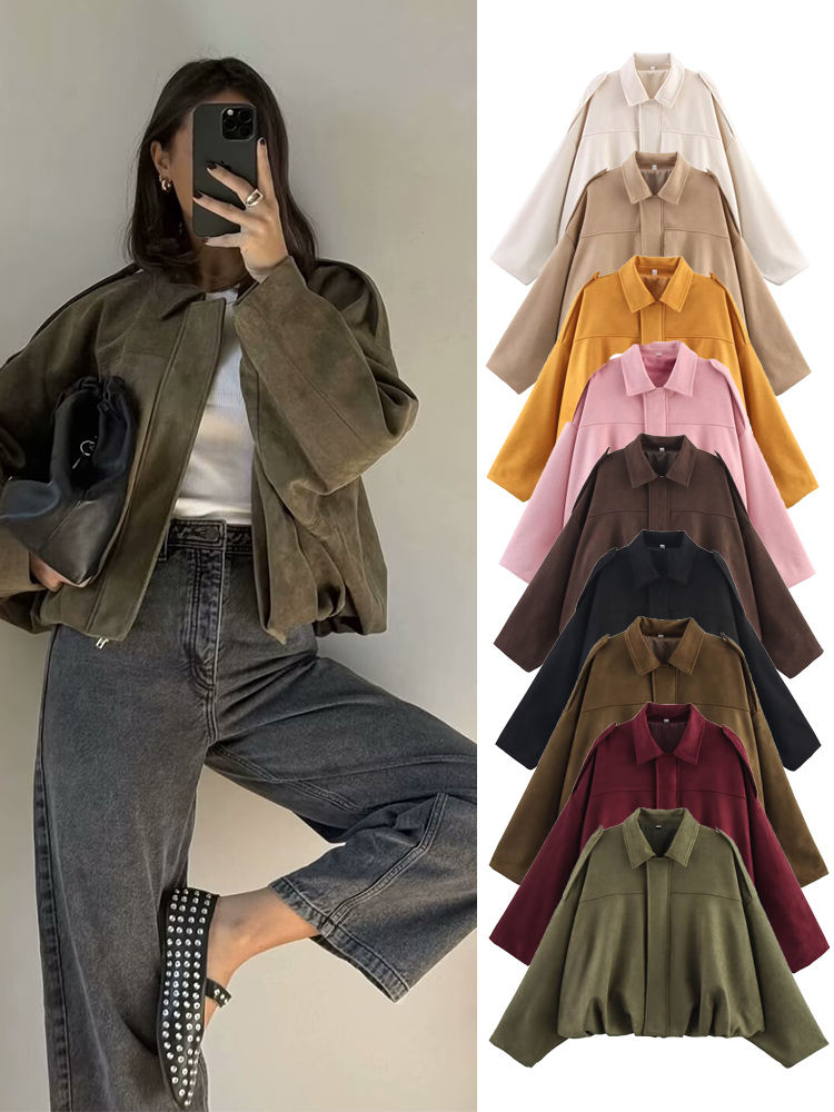 Women'S Fashion Bomber Jacket - TFMLN damska zamszowa kurtka bomberka wiosna