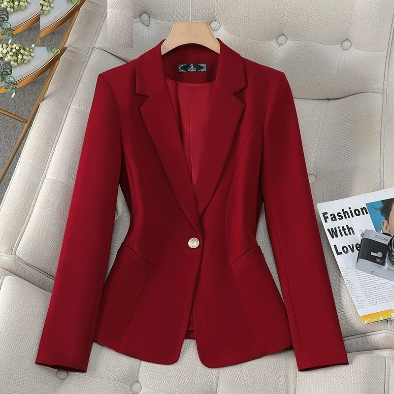 Velvet Blazer Women - Czerwona marynarka damska, dopasowany krój, elegancki