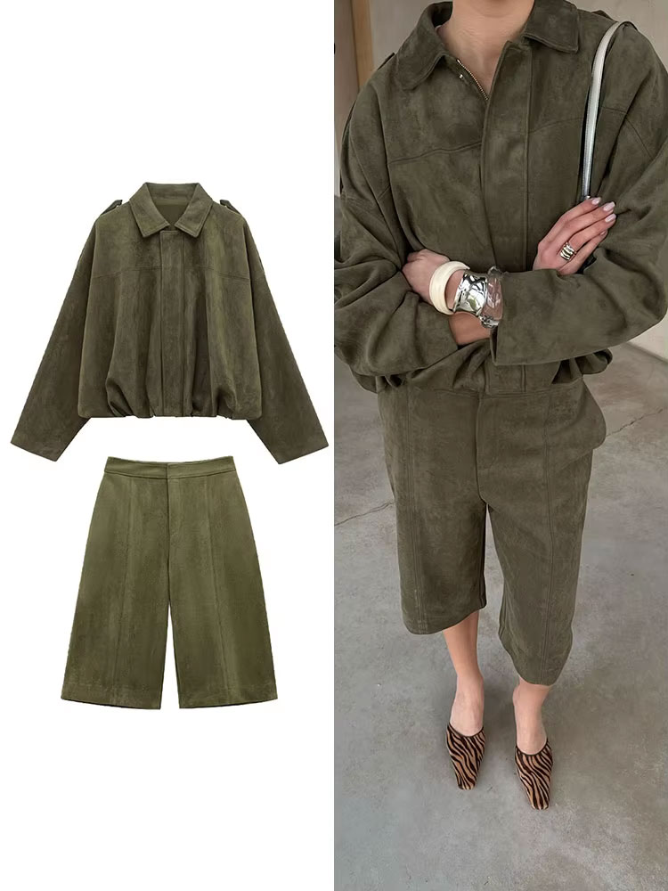 Women'S Fashion Bomber Jacket - Damski zestaw w stylu streetwear: szorty