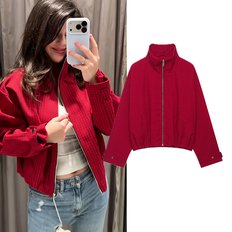 Women'S Fashion Bomber Jacket - Jesienna kurtka bomberka w kratę, damska